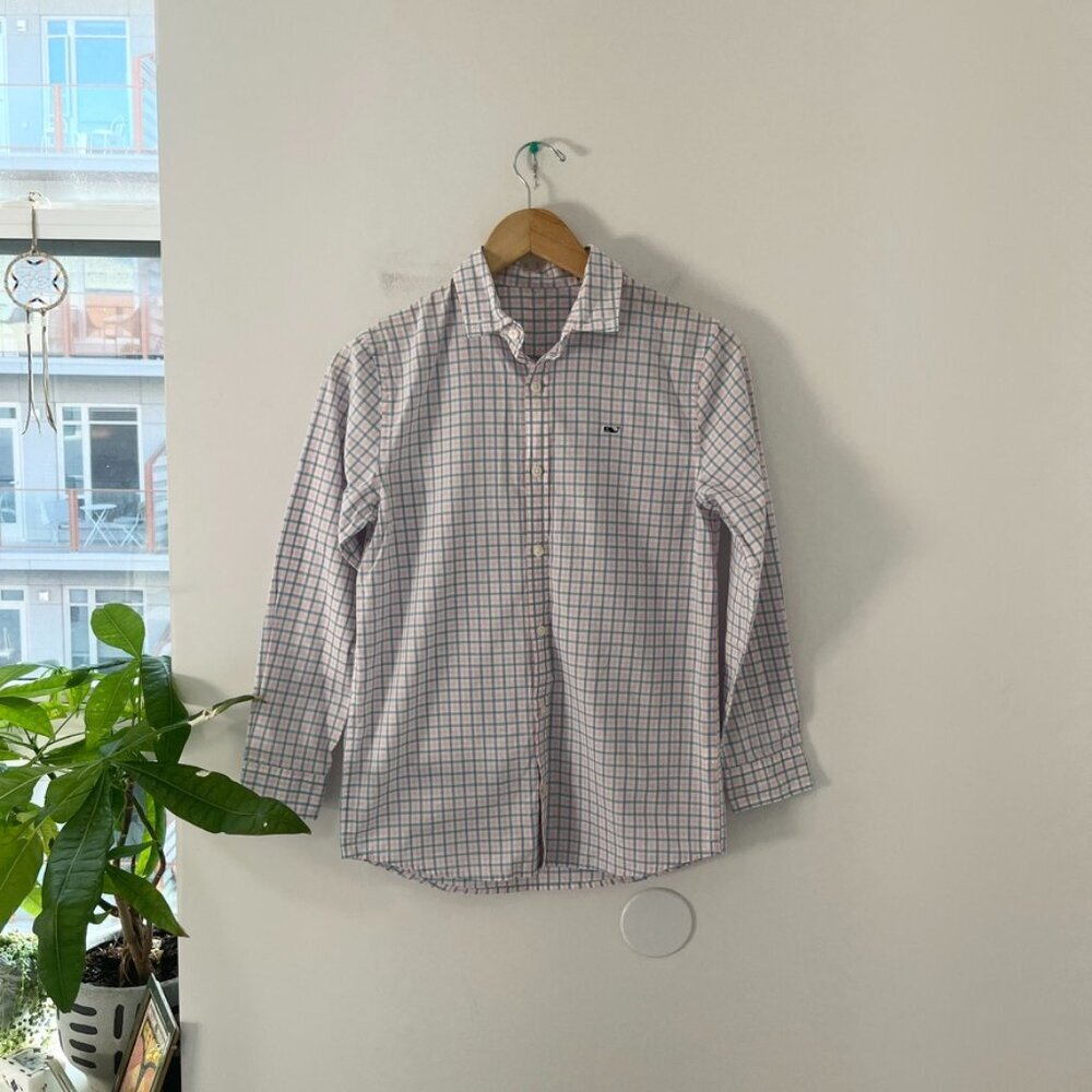 Vineyard Vines Boy's Blue & Pink Gingham Print Whale Button Up Top Size Medium